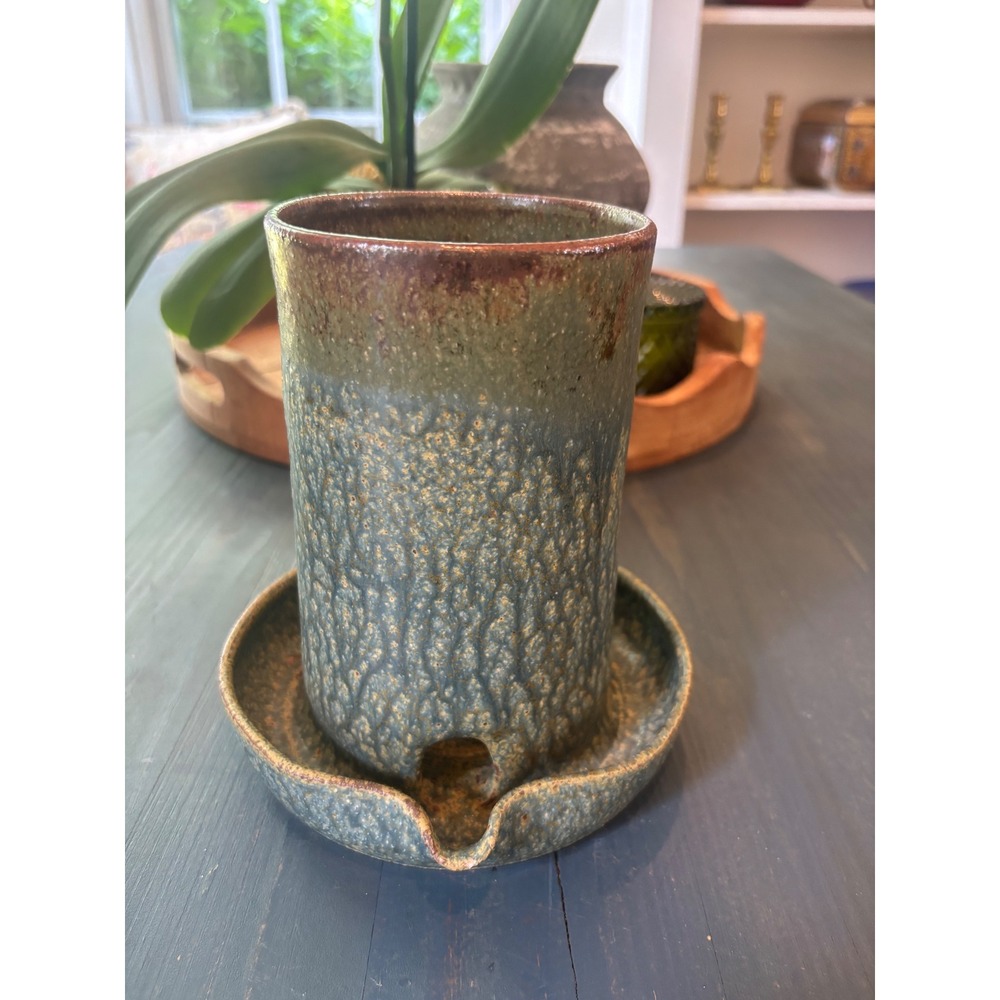 Handmade Studio Pottery Bacon Cooker Mug Textured Glaze Green Brown Artisan LSH